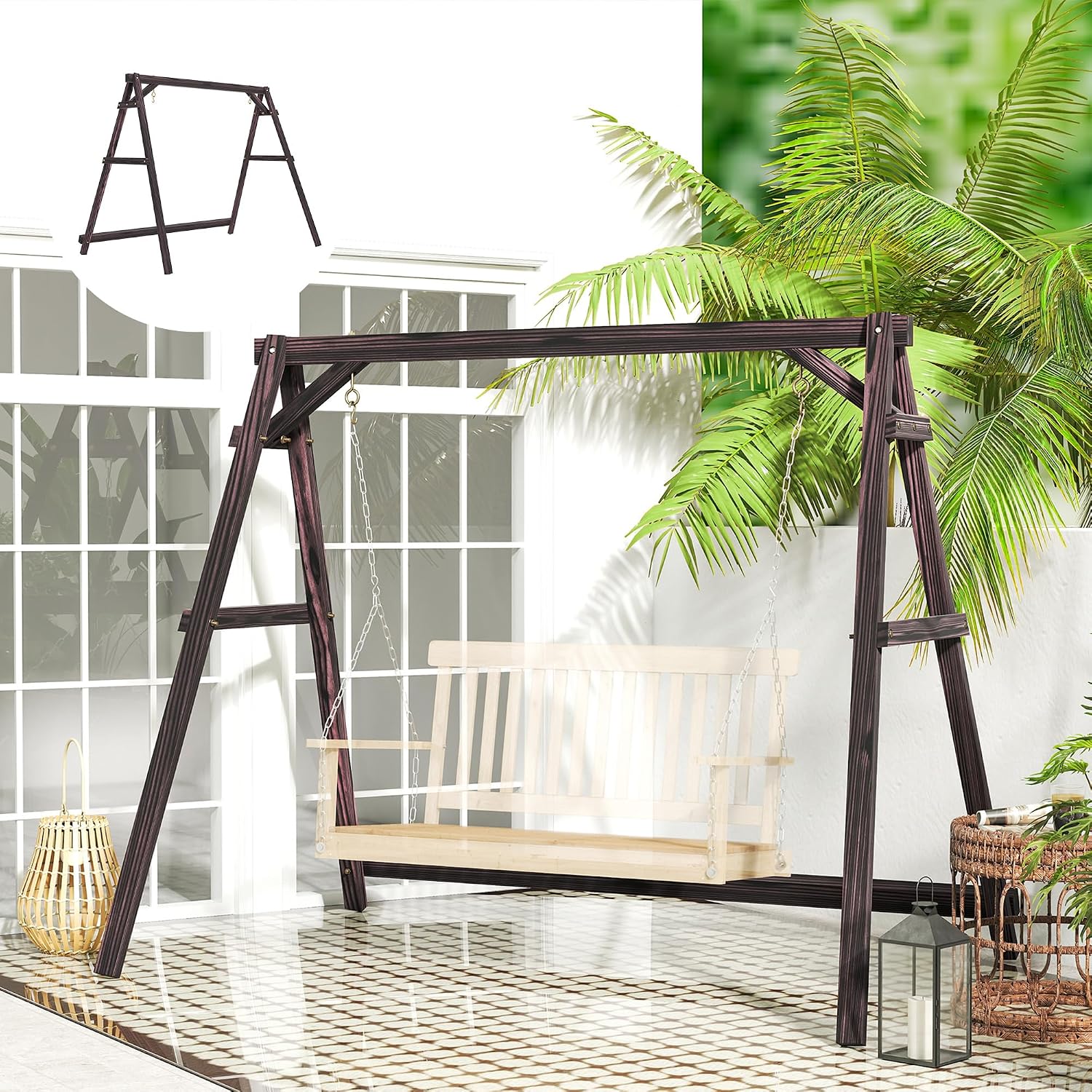 Outsunny 770lbs Porch Swing Frame, Heavy Duty A-Frame Wooden Swing Stand with Reinforced Bars, Freestanding Hanging Chair Stand Only for Porch, Lawn, Garden, Backyard, Carbonized