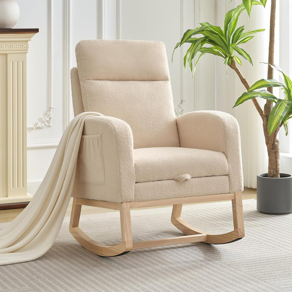 Rocking Chair Nursery Chairs with Foot Rest, Recliner Armchair with High Backrest& Wood Legs and Side Pocket for Living Room,Bedroom,Beige