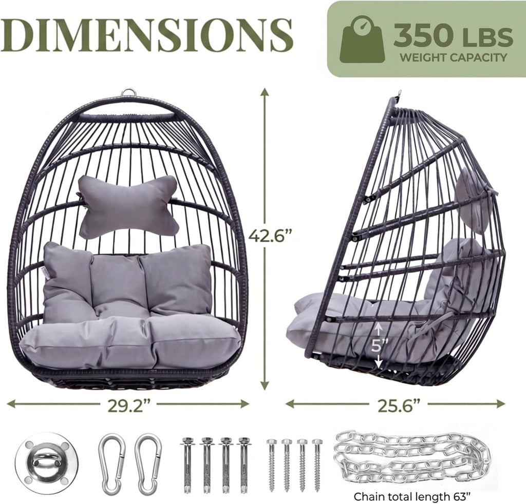 RADIATA Hanging Egg Chair Outdoor Without Stand, Weather-Resistant Wicker Rattan Swing with Cozy Cushion, 350Lbs Indoor Outdoor Eggshell Hammock Seat for Patio Porch Bedroom Balcony, Light Grey