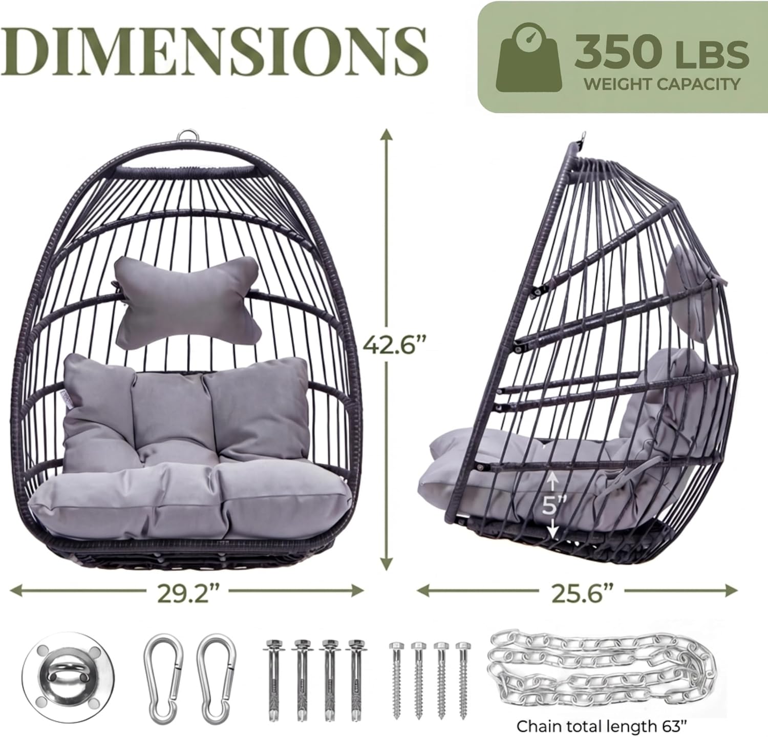 RADIATA Outdoor Hanging Egg Chair Without Stand, Foldable Rattan Wicker Swing Basket, 350 Lbs Heavy-Duty Hammock Chair with Cushion & Pillow for Patio Balcony Bedroom Garden Ceiling Tree, Light Gray
