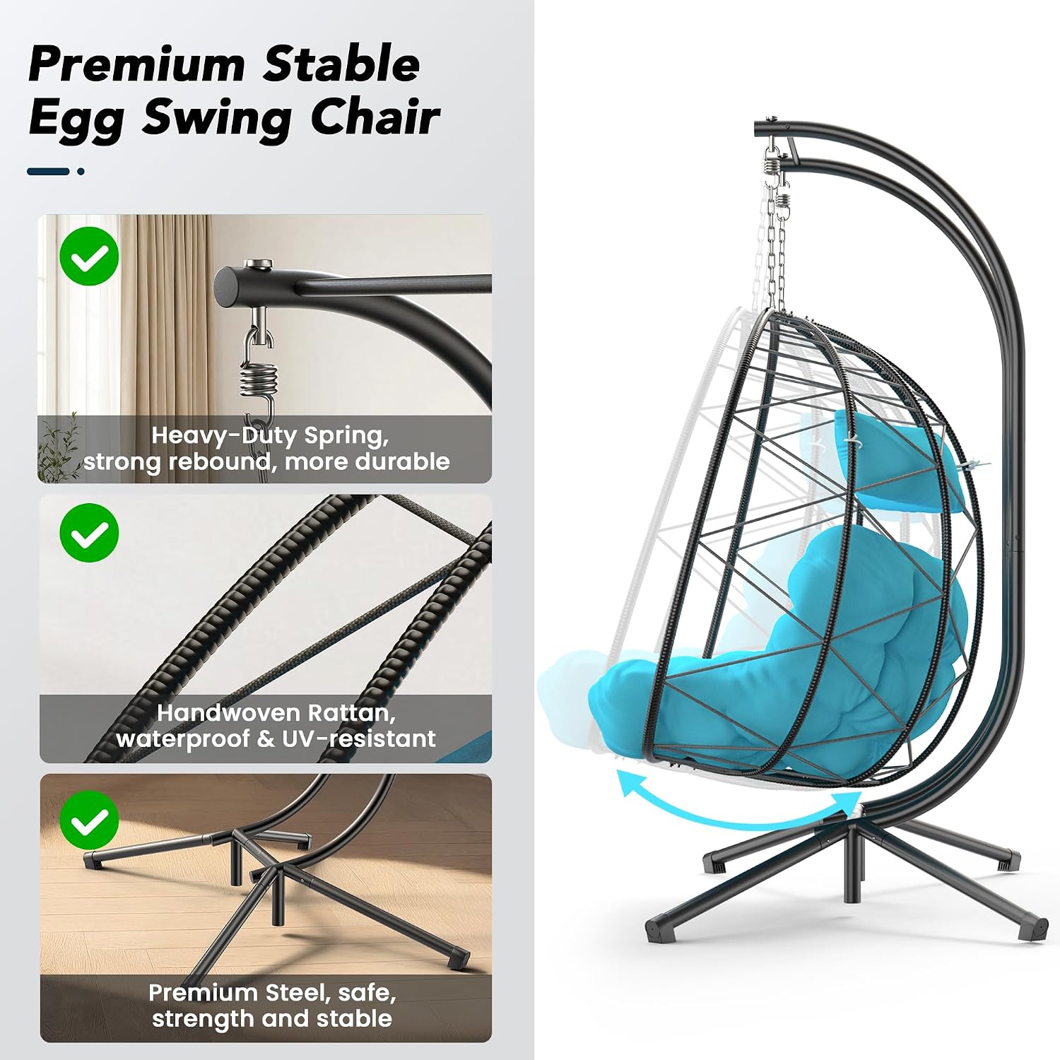 Easyego Set of 2 Wicker Hanging Egg Chairs with Stand, 700 lb Capacity, Indoor/Outdoor Double Egg Swing Hammock Chairs for Patio, Garden, Porch, Living Room, Bedroom, Blue