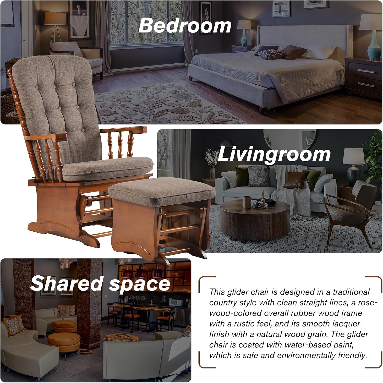 Anti-Pinch Solid Wood Hand Glider Rocking Chair Set with Ottoman, with Padded Cushion, Rustic Rubber Wood Nursery Glider for Nursing, Relaxing, Living Room, Bedroom, Oak Colored