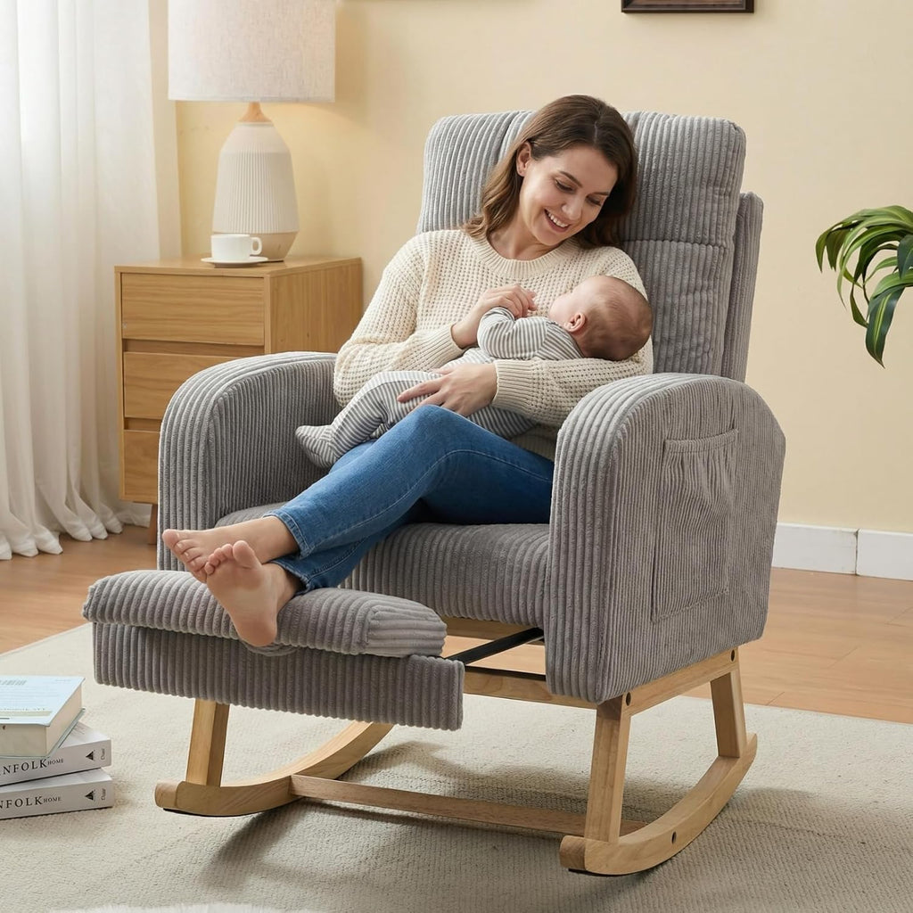 NIOIIKIT Nursery Rocking Chair, Corduroy Upholstered Rocking Chair with Adjustable Footrest, Tufted Rocker Chair with Side Pocket, Glider Rocker for Living Room, Bedroom (Gray Retro)