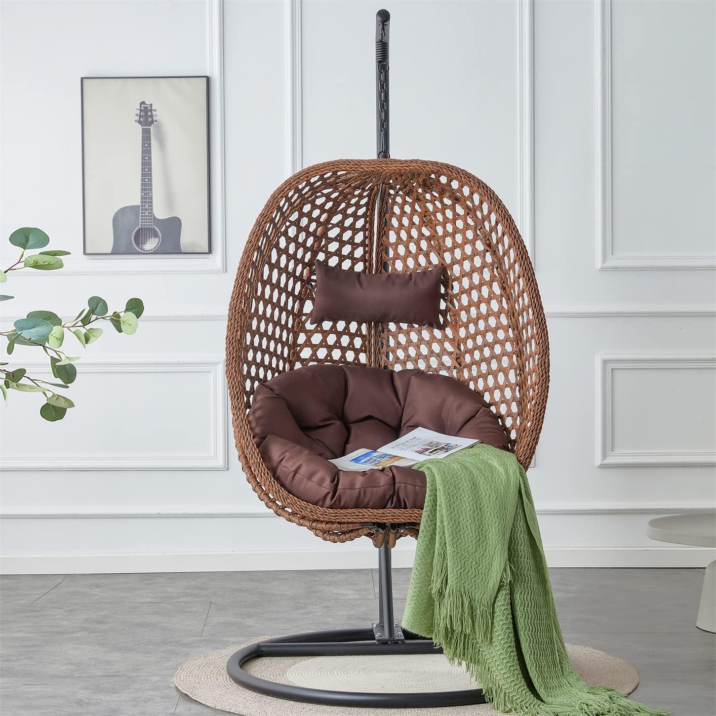 LKTART Egg Swing Chair with Stand Rattan Hanging Egg Chair with Cushions and Pillow Relaxing Chair Foldable Basket & Metal Stand Indoors or Outside