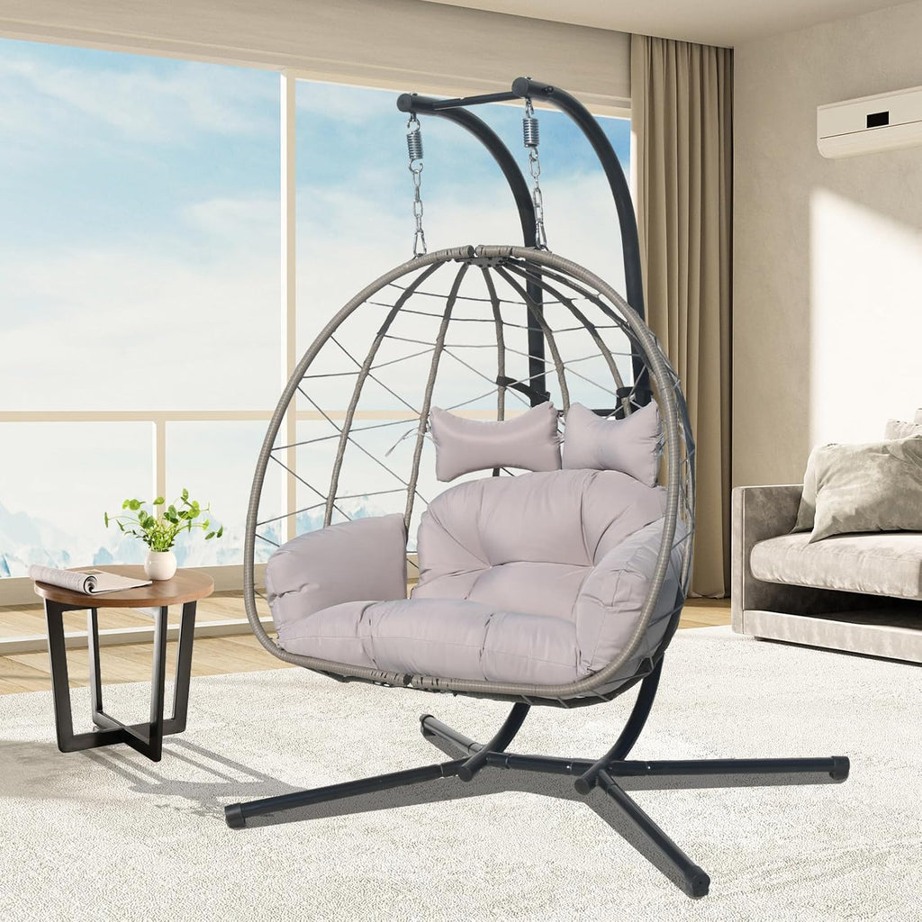 Double Egg Chair Outdoor, 2 Person Hanging Egg Chair with Stand, Patio Wicker Egg Swing Chair for Garden, Backyard, Balcony, 600Lbs Heavy Duty, Grey