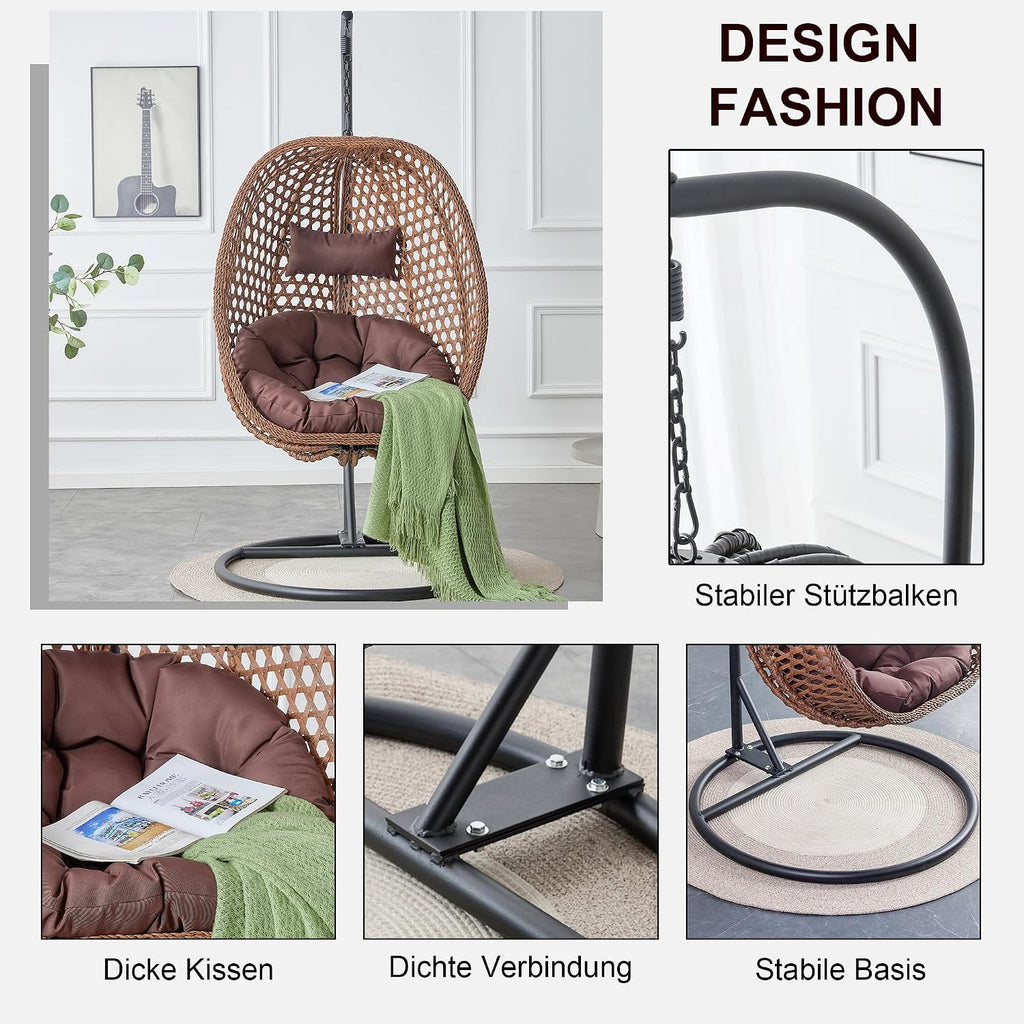 Egg Swing Chair with Stand Outdoor Indoor, Hanging Egg Chair with Cushions and Pillow,300lbs Capacity for Porch, Patio, Bedroom, Balcony, Brown