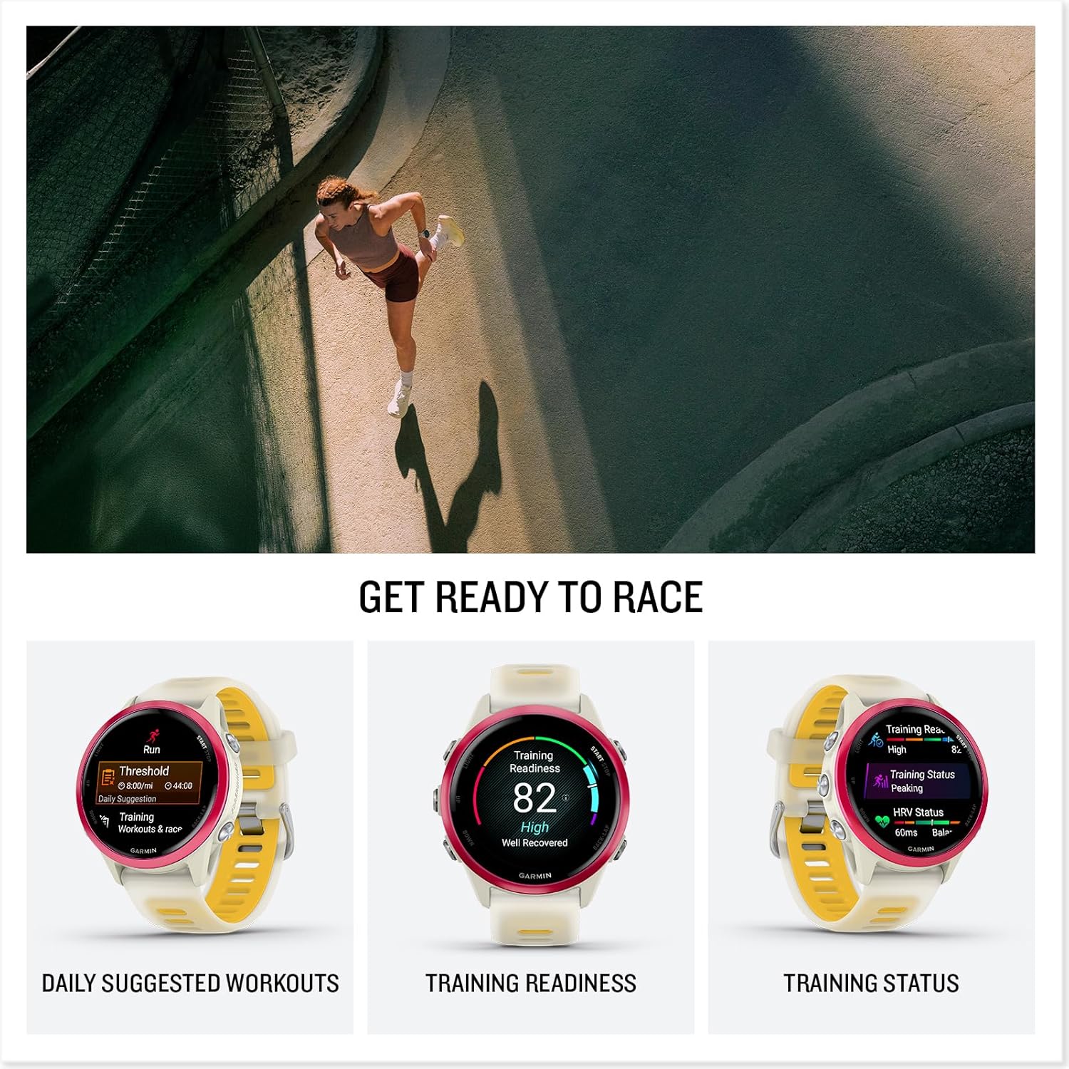 Garmin Forerunner 570 (42 mm, Raspberry/Translucent Bone/Mango) Running GPS Smartwatch - AMOLED Display, Training - Gift Box Bundle with PlayBetter HD Screen Protectors, Wall Adapter & Case