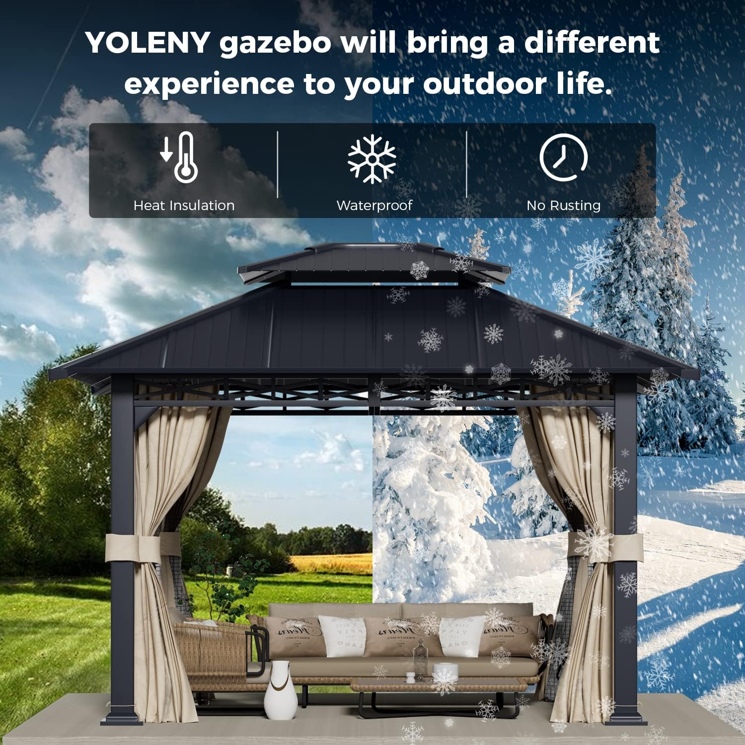 YOLENY 10' x 12' Gazebo with Galvanized Steel Roof, Double Roof with Anti-Rust Coating, Outdoor Gazebos with Curtains and Netting, Sunshade for Gardens, Lawns, Deck