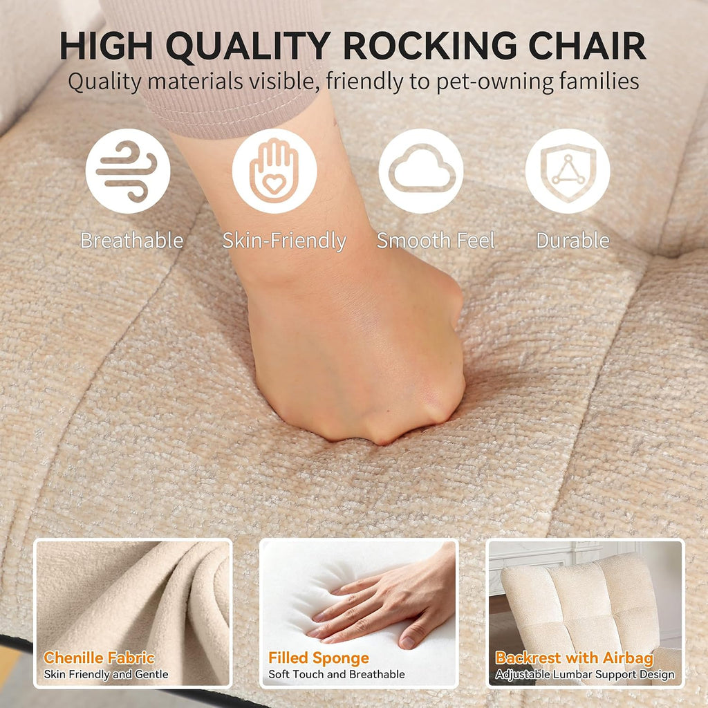 Rocking Chair with Airbag, Comfy Modern Reading & Nursing Nursery Rocking Chair Indoor, Cozy Upholstered Glider Rocker Chairs for Living Room Bedroom Offices, (Chenille, Beige)