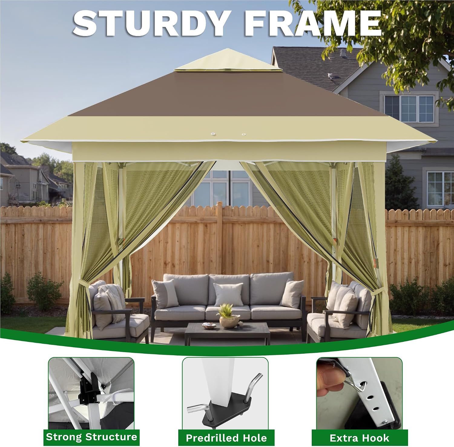 Devoko 10x10 Pop Up Gazebo Canopy Tent with Double Roof – Instant Shelter for Backyard, Garden, Party, Patio, Lawn – Portable Vented Outdoor Shade (Brown)