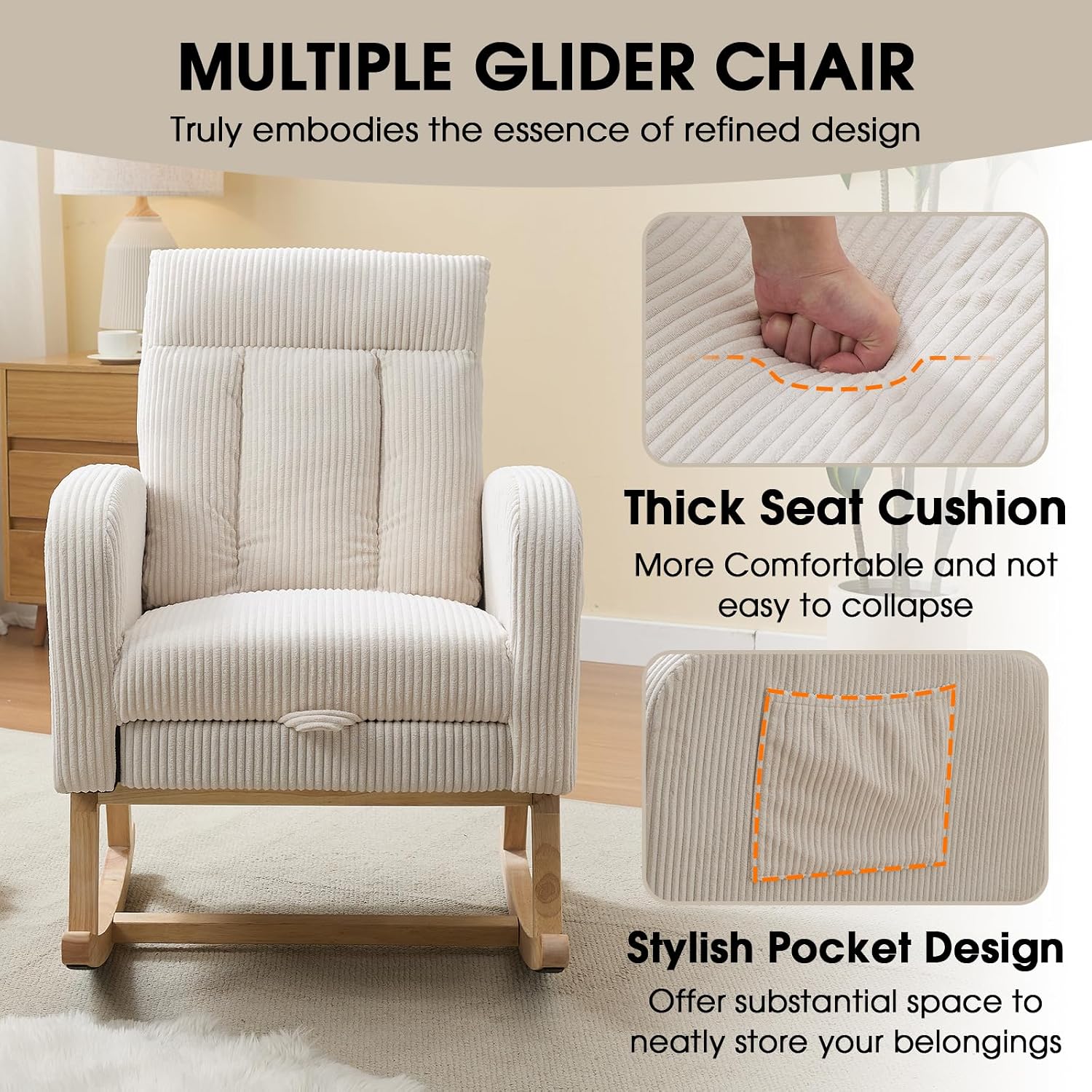 NIOIIKIT Nursery Rocking Chair, Corduroy Upholstered Rocking Chair with Adjustable Footrest, Tufted Rocker Chair with Side Pocket, Glider Rocker for Living Room (Cream Casual)