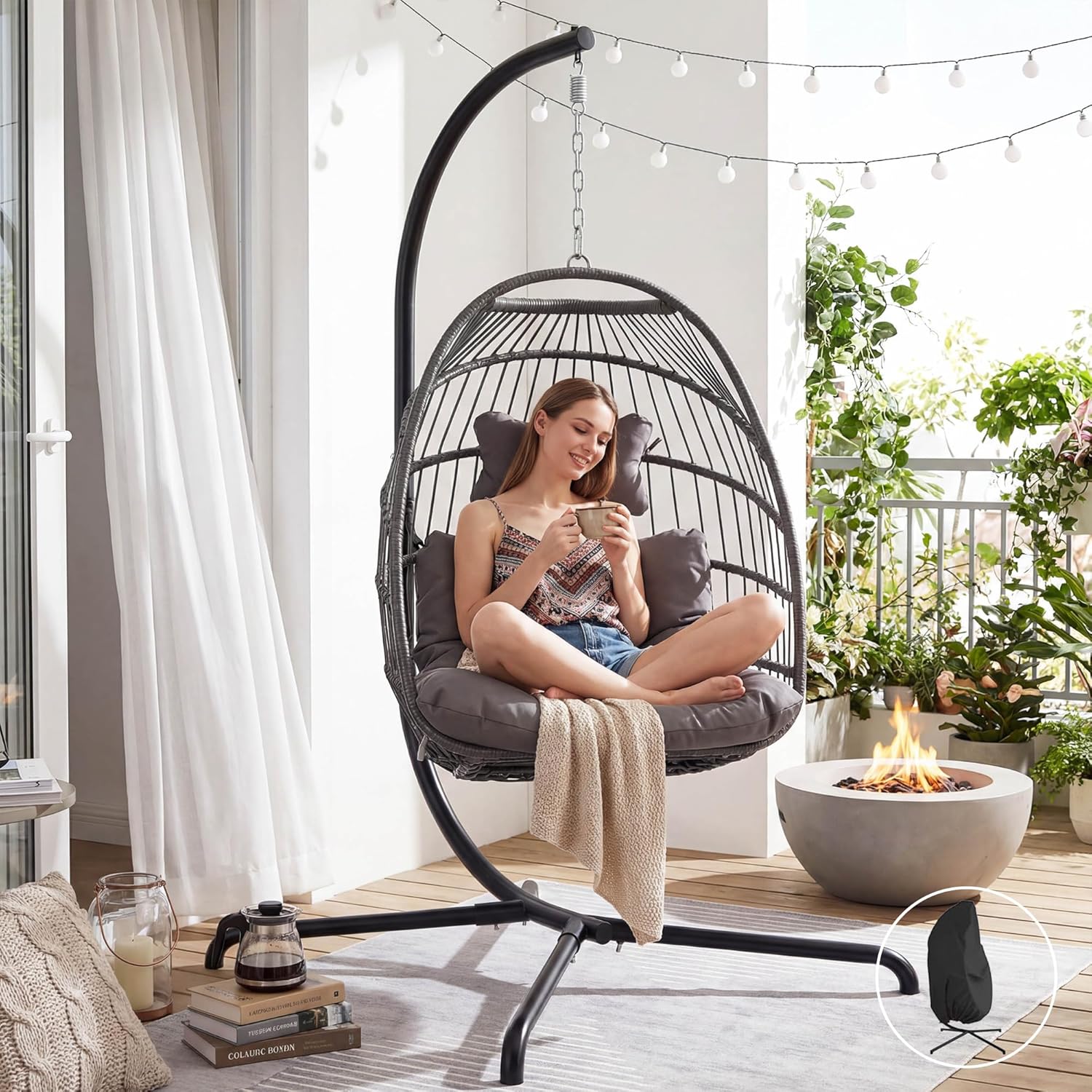 NICESOUL Egg Chair Outdoor Indoor, Cozy Patio Wicker Swing Hanging Chair with Stand, All Weather Hammock Egg Shaped Chairs with Cushions, 350lbs Pounds Sturdy Porch Swing for Backyard with Cover