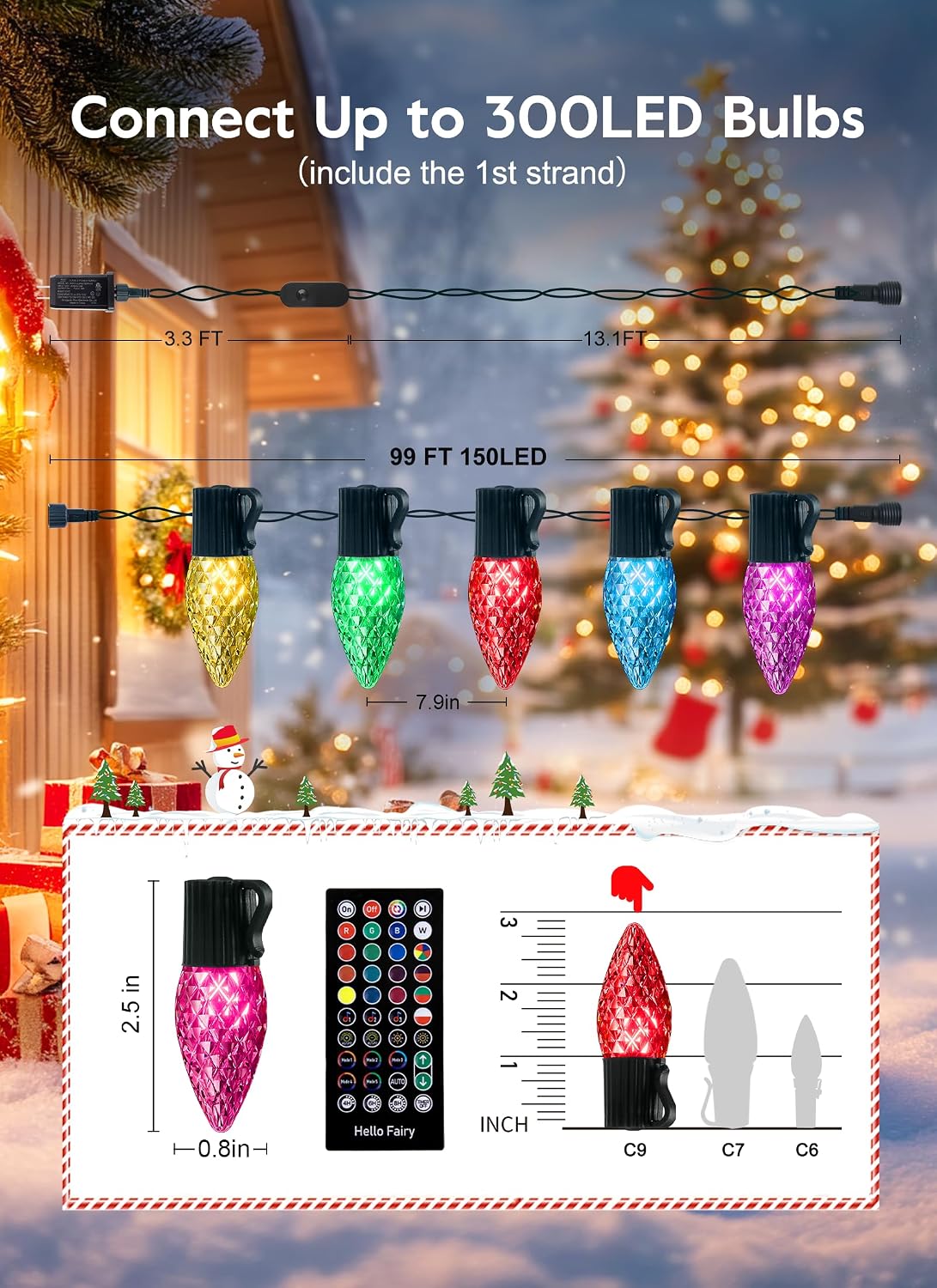 Brightown C9 LED Christmas Lights Outdoor, 150LED RGB Smart Christmas Tree Lights Music Sync DIY APP Controlled, Waterproof Connectable C9 String Lights for House Indoor Patio Xmas Decoration