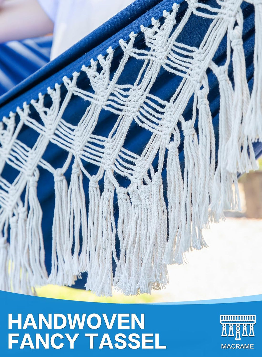 PNAEUT Handmade Tassel Hammocks, Double Hammock with Stand for Outside Indoor Outdoor, Max 450 lbs Capacity, Pillow & Storage Bag (Navy)