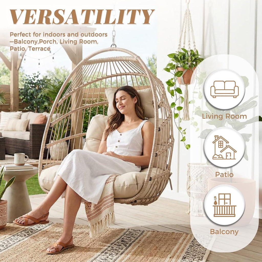 BULEXYARD Outdoor Patio Egg Chair Without Stand, 350 Lbs Foldable Rattan Swing with Comfy Cushion, Relaxing Boho Hanging Hammock Basket Seat for Bedroom Balcony Backyard Tree Indoor Mount, Beige