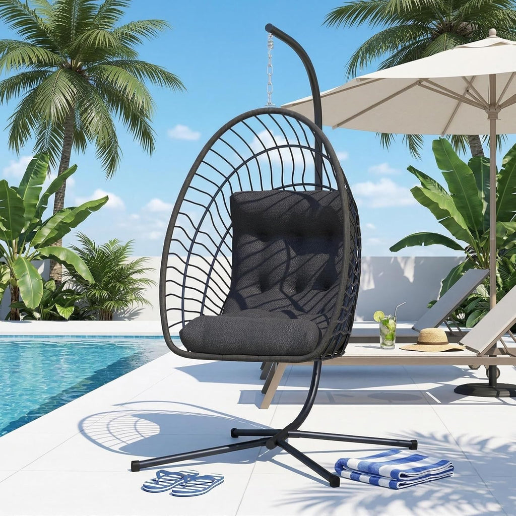 Kingdura Hanging Egg Chair with Stand Indoor Outdoor, Foldable Rattan Wicker Hammock Egg Swing Chair for Bedroom Porch Patio Garden, Thickened Cushion, 350LBS Capacity, Heavy Duty Frame