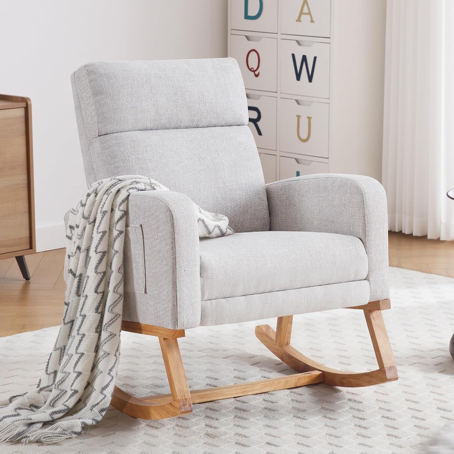 HCHAIRH Rocking Chair Nursery with Foot Rest, Nursing Rocking Chairs for Mom Breastfeeding, Rocker Glider Chair with High Backrest for Living Room, Bedroom, Light Grey