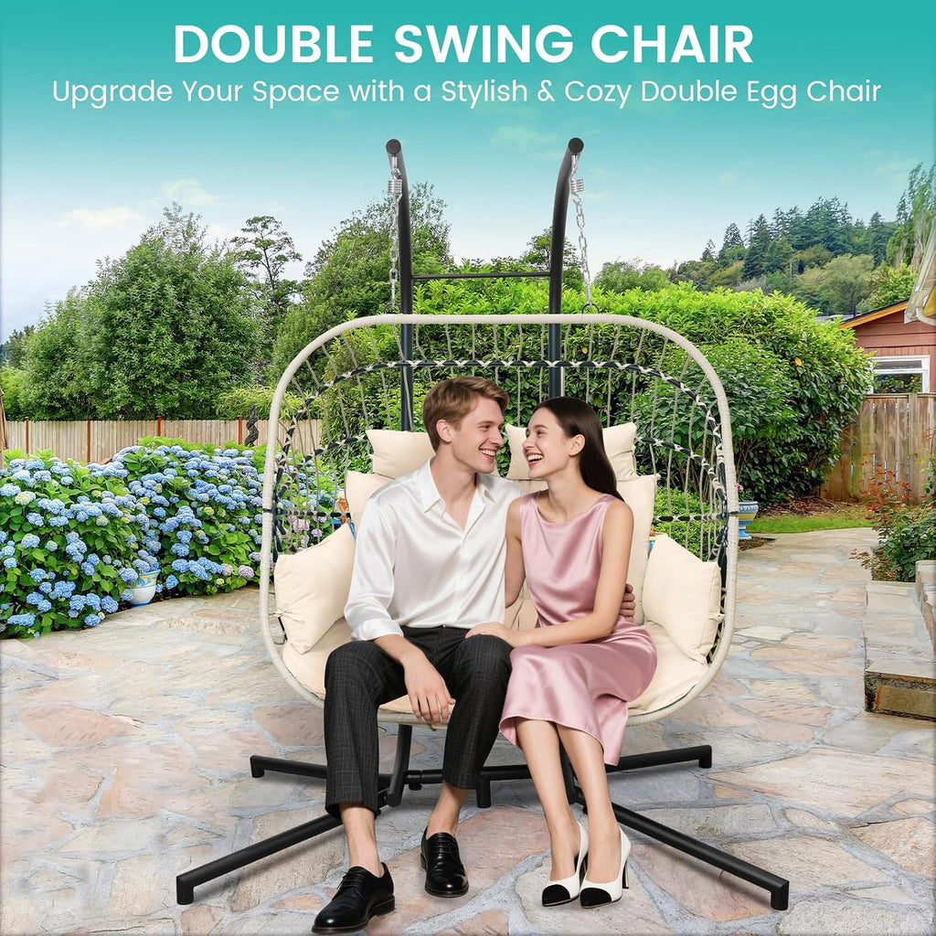 Double Egg Swing Chair with Stand Patio Rattan Wicker Hammock Chairs Outdoor Indoor Egg Swing Chair with Cushion Headrest 550 Lbs Capacity for Bedroom Balcony Garden Porch Backyard, Beige