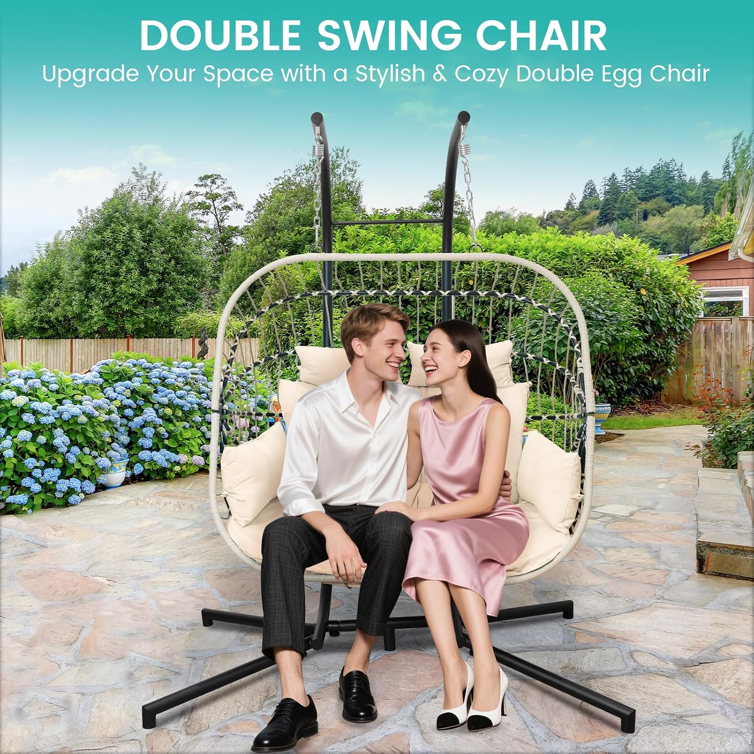 Double Egg Swing Chair with Stand Patio Rattan Wicker Hammock Chairs Outdoor Indoor Egg Swing Chair with Cushion Headrest 550 Lbs Capacity for Bedroom Balcony Garden Porch Backyard, Beige