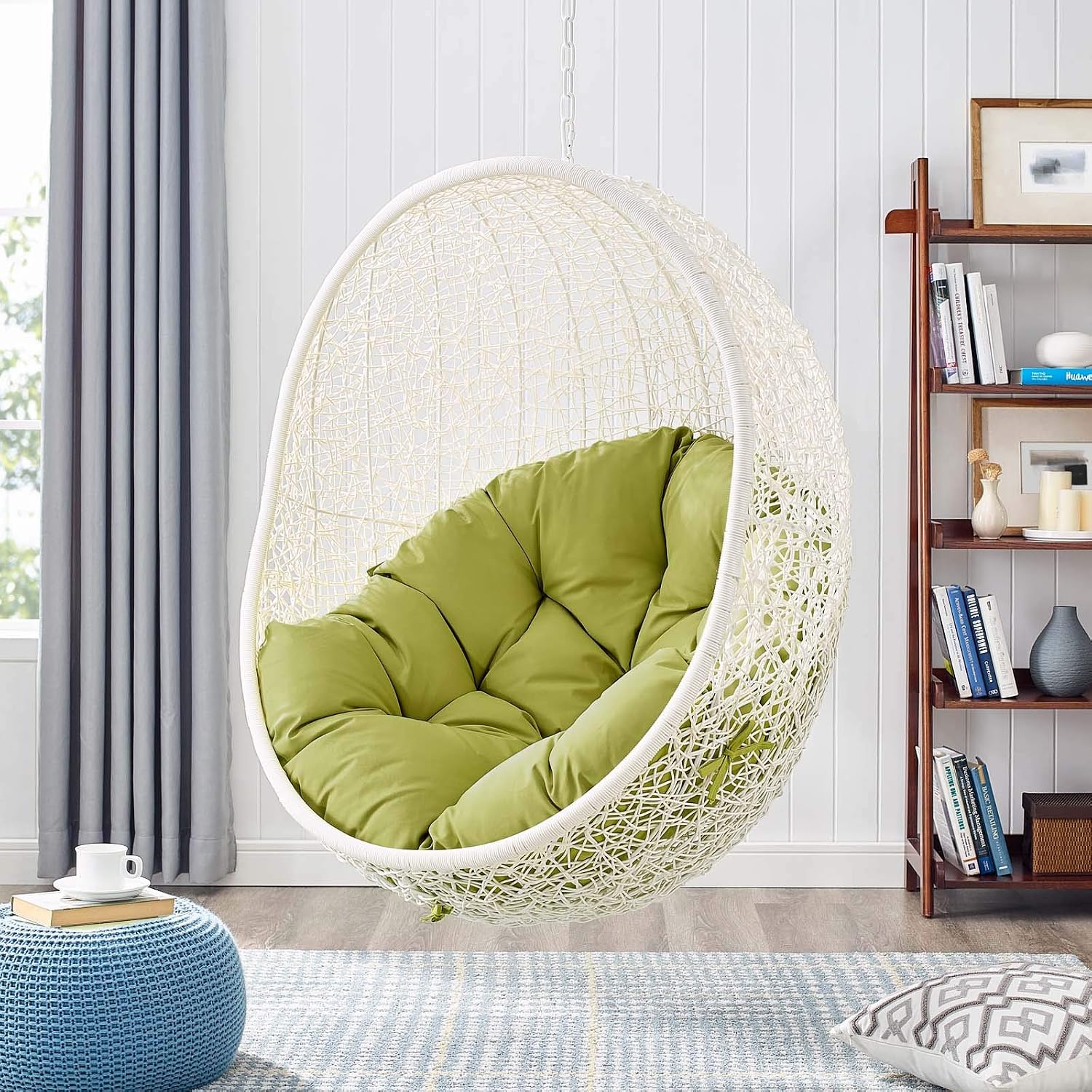 Modway Hide Wicker Rattan Outdoor Patio Porch Lounge Egg Swing Chair Set with Stand in White Peridot