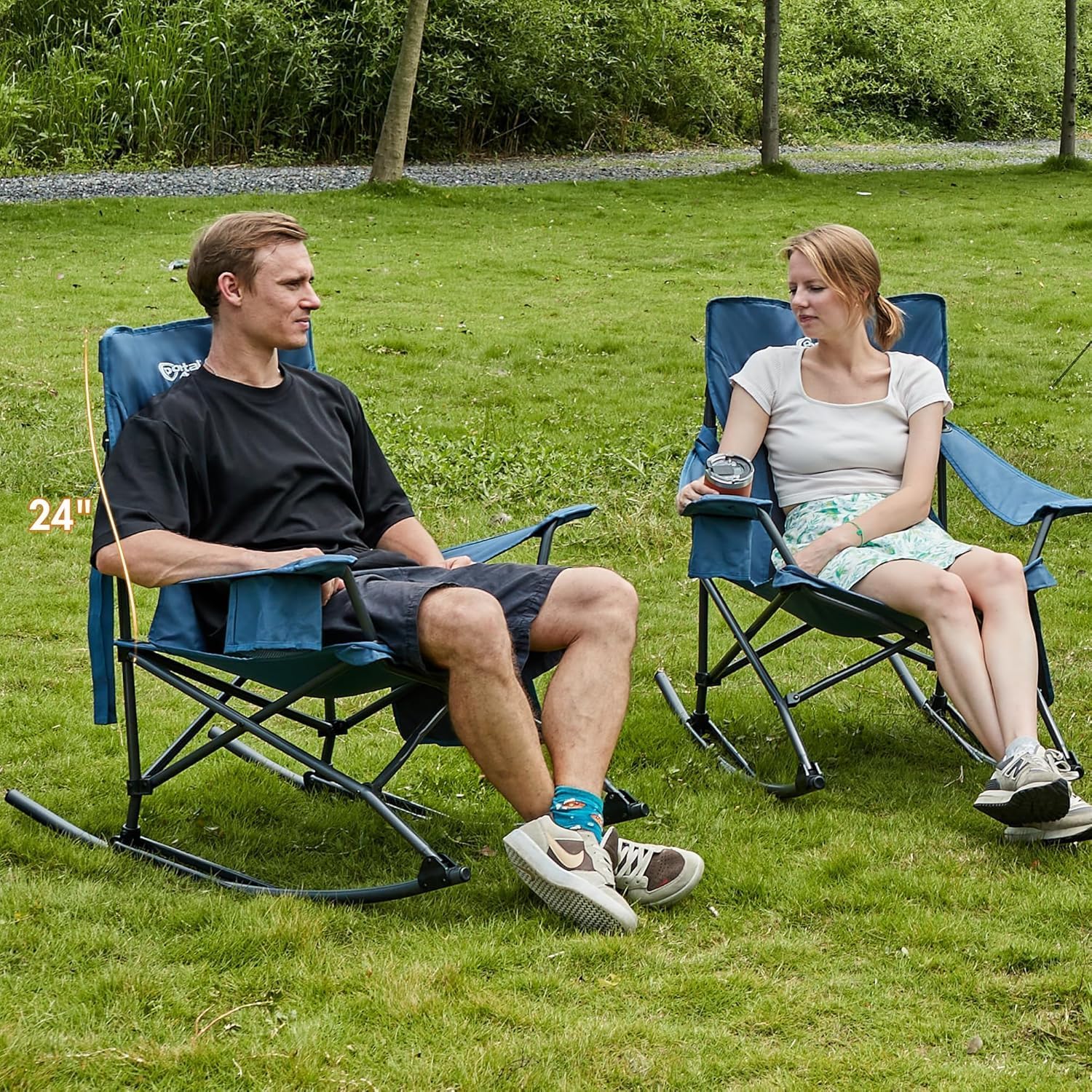 Portal Outdoor Rocking Chair Camping Folding Portable Rocker with Cup Holder Side Pocket Carry Bag, Support 350LBS (Mesh Blue), 2 Pack