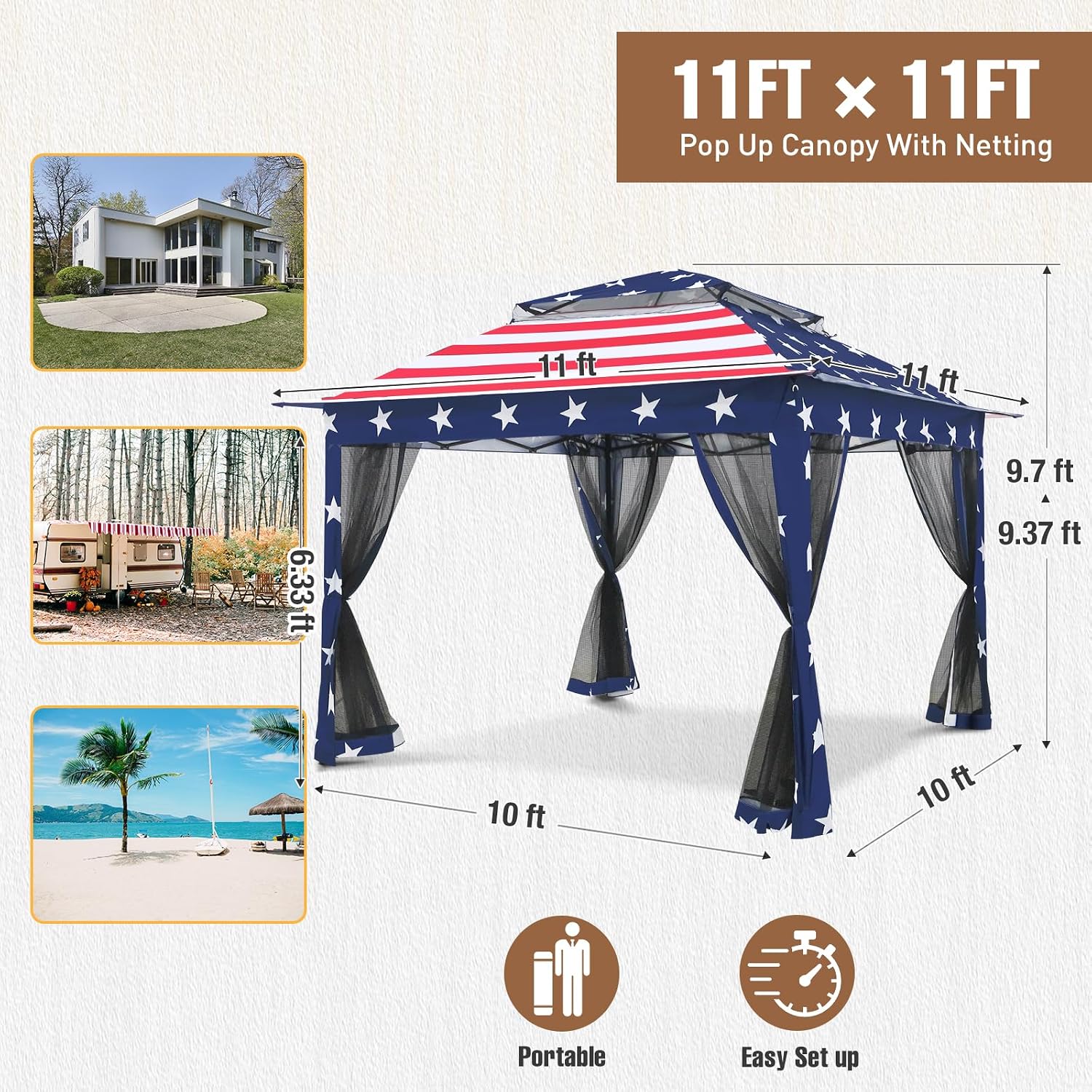11x11 Pop Up Gazebo Tent with Mesh Netting, Instant Outdoor Canopy with UPF 50+ UV Protection, Water Resistant, American Flag