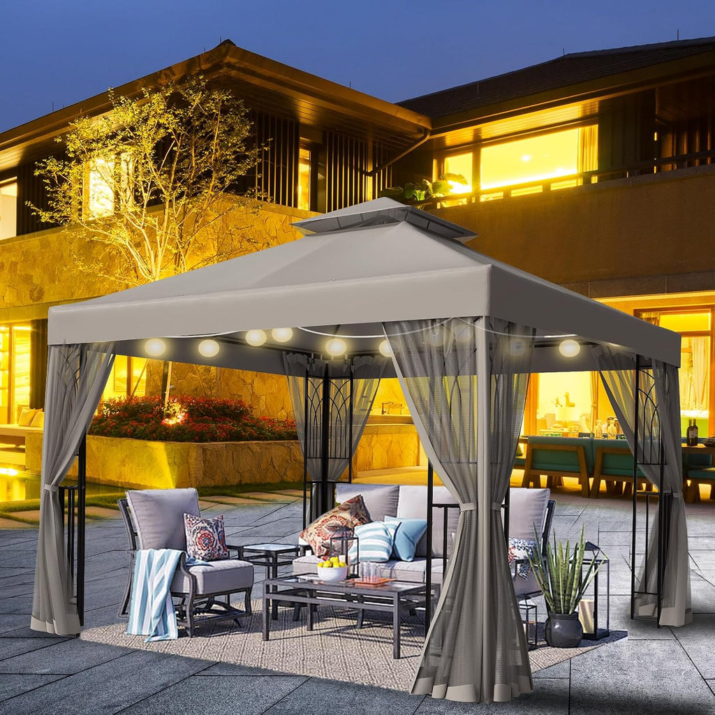 10x10 Outdoor Gazebo Tent with Netting and Corner Shelves, Double Roof Patio Gazebo with Soft Fabric Top, Outdoor Pavilion for Backyard Patio Garden Lawn, Beige