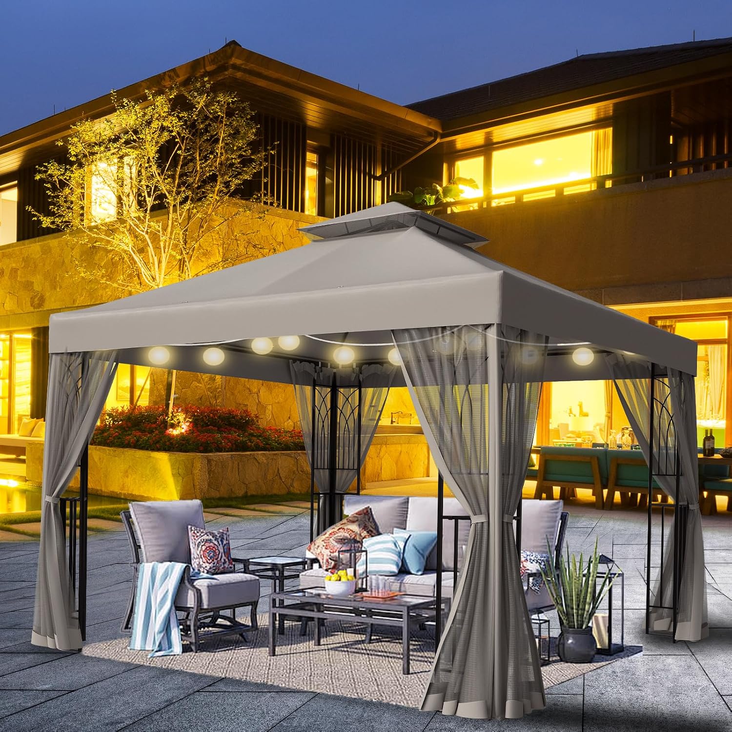 10x10 Outdoor Gazebo Tent with Netting and Corner Shelves, Double Roof Patio Gazebo with Soft Fabric Top, Outdoor Pavilion for Backyard Patio Garden Lawn, Beige