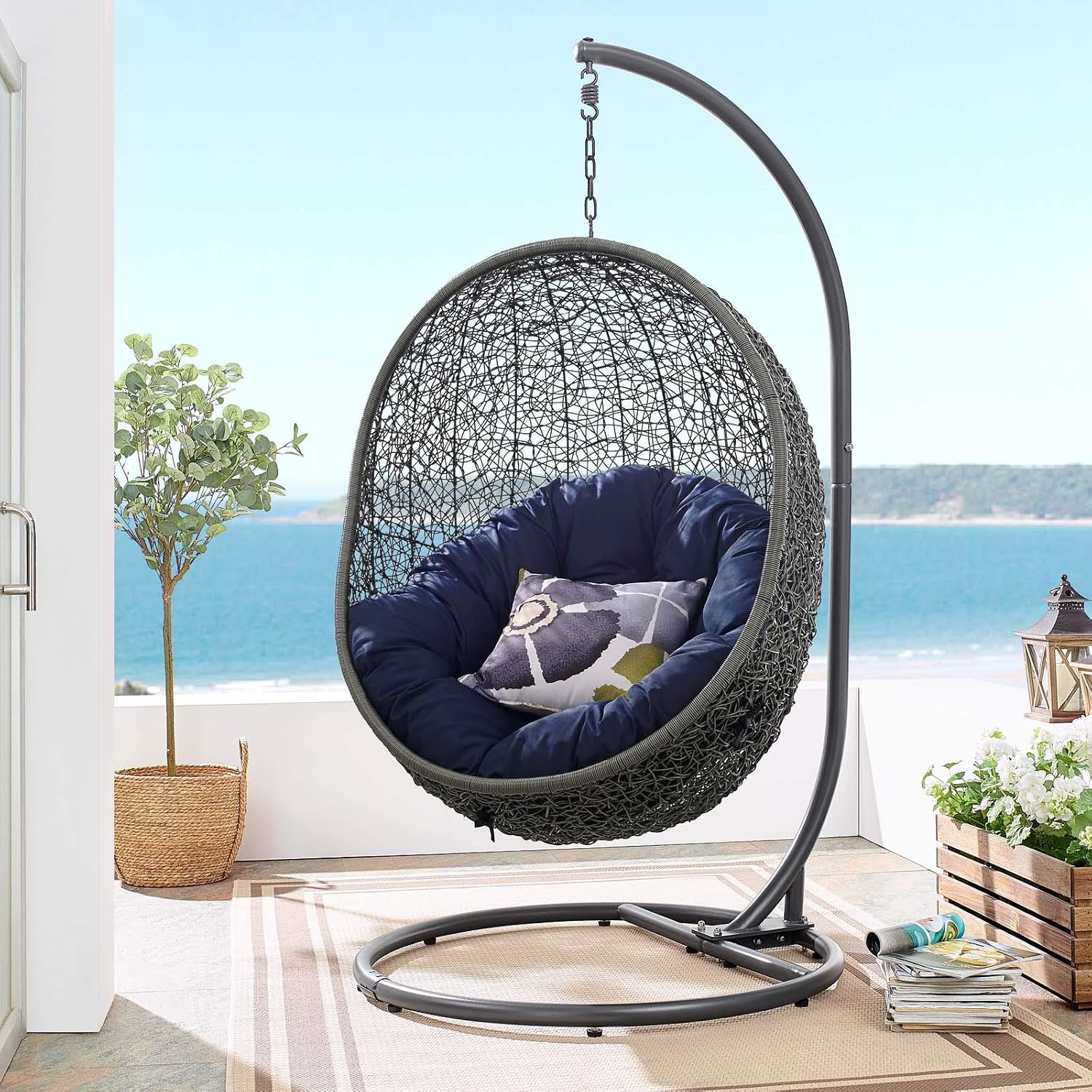 Modway Hide Wicker Rattan Outdoor Patio Porch Lounge Egg Swing Chair Set with Stand in Gray Navy