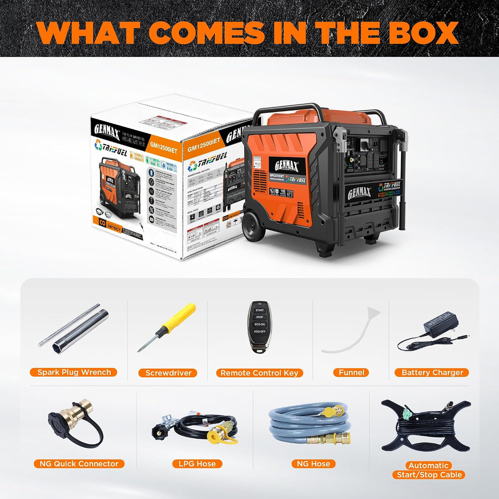 GENMAX 12500W Tri-Fuel Inverter Generator with Bluetooth & CO Shield (2026 Model) - Quiet, 50A Outlet, 2-Wire Auto Start, Ideal for Home Backup, RV, Camping - EPA Compliant