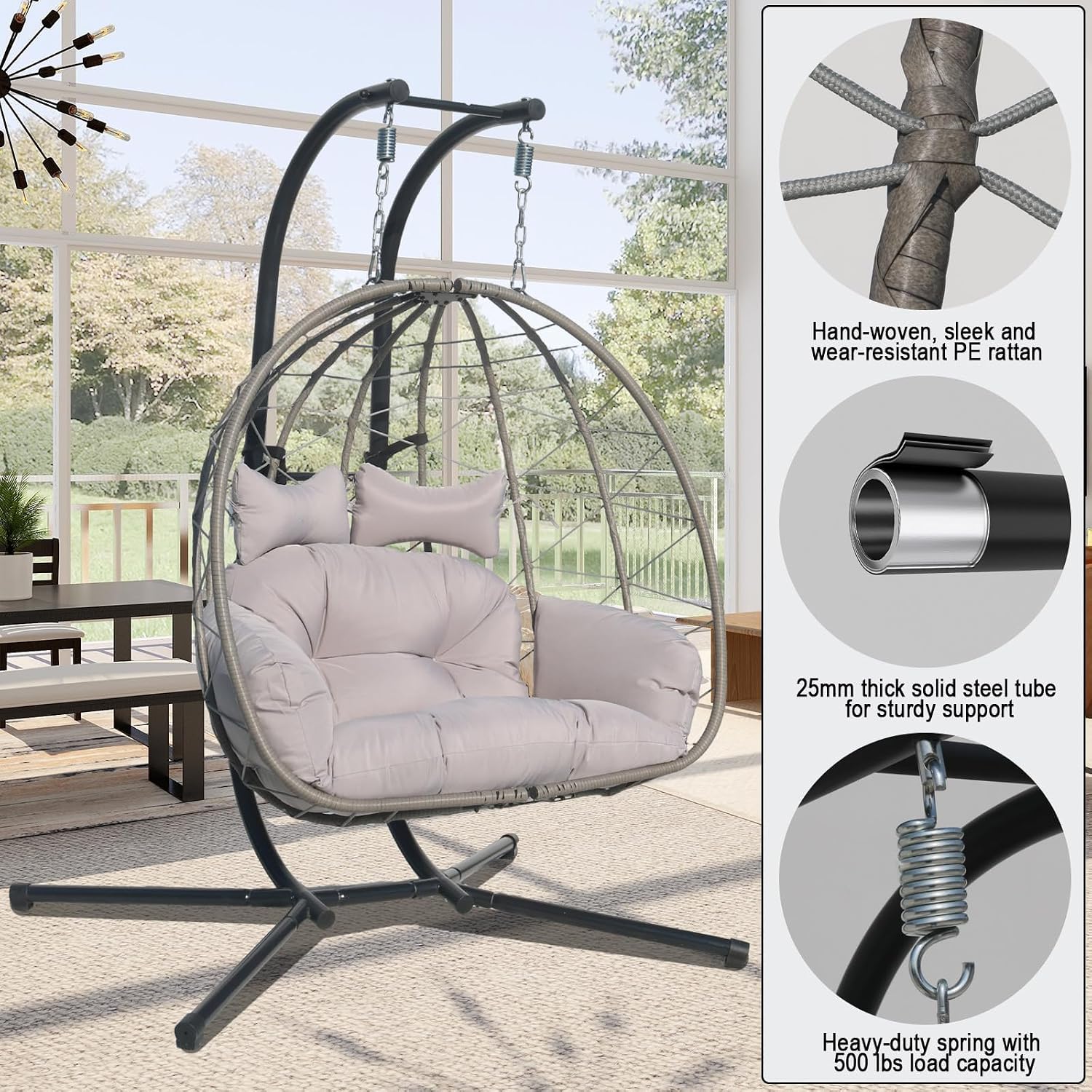Double Egg Chair Outdoor, 2 Person Hanging Egg Chair with Stand, Patio Wicker Egg Swing Chair for Garden, Backyard, Balcony, 600Lbs Heavy Duty (Gray with Light)