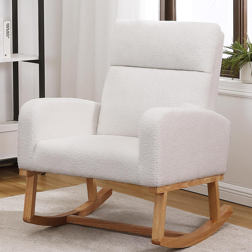 HCHAIRH Rocking Chair Nursery, Sherpa Nursing Rocking Armchair for Mom Nursery Morden Rocker Chair with High Backrest for Living Room,Bedroom,Teddy White