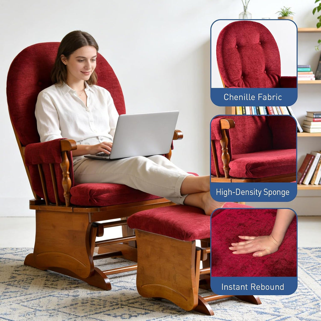 Solid Wood Glider Rocking Chair with Ottoman Set - Stylish Modern Nursery Glider Rocker with Thick Padded Cushion, Smooth Gliding Motion for Living Room, Nursing, Reading - 280LBS Capacity, Red