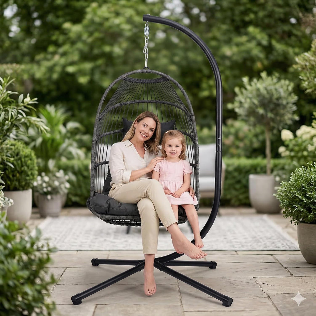 Foldable Hanging Egg Chair with Stand, HDPE Rattan and Heavy Duty Aluminum-Steel Frame, Outdoor Patio Wicker Swing Egg Chair with Headrest and Cushioned, 350 Lbs Capacity (Dark Grey)