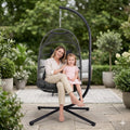 Foldable Hanging Egg Chair with Stand, HDPE Rattan and Heavy Duty Aluminum-Steel Frame, Outdoor Patio Wicker Swing Egg Chair with Headrest and Cushioned, 350 Lbs Capacity (Dark Grey)
