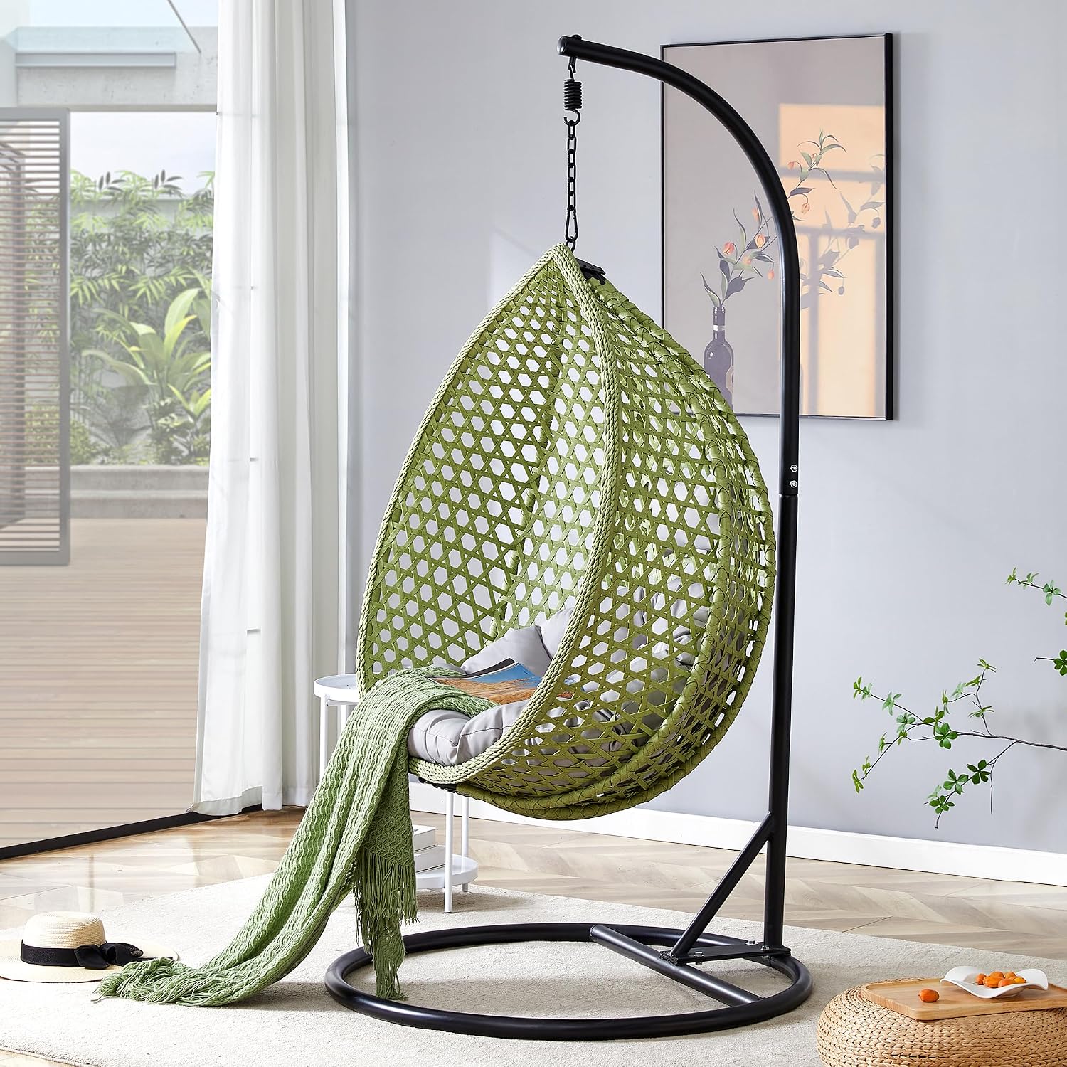 Egg Chair Indoor Outdoor, Hanging Chair for Bedroom, Swing Hammock with Stand & Cushions, Comfy Swinging Adult Reading Chair for Patio Balcony Backyard, Heavy Duty 350LBS, Green