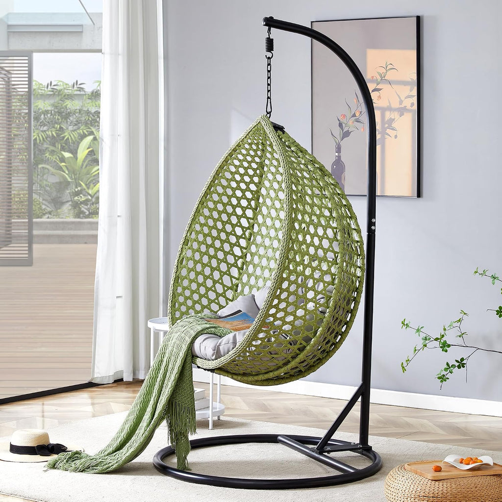 Hanging Egg Swing Chair with Stand, Rattan Wicker Hanging Egg Chair Hammock Indoor with Cushions, Swinging Chair for Bedroom Outdoor Patio Balcony Backyard Sunroom Heavy Duty 350LBS, Green
