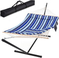 SUNCREAT Hammock Double Hammock with Stand, Carrying Bag, Two Person Cotton Rope Hammock, Blue Stripe