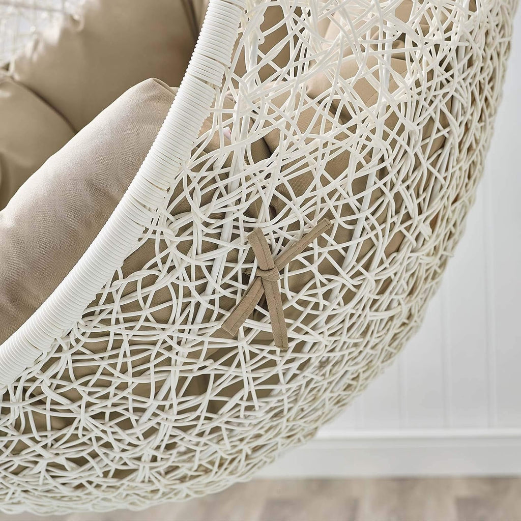 Modway Hide Wicker Rattan Outdoor Patio Porch Lounge Egg Swing Chair Set with Stand in White Mocha