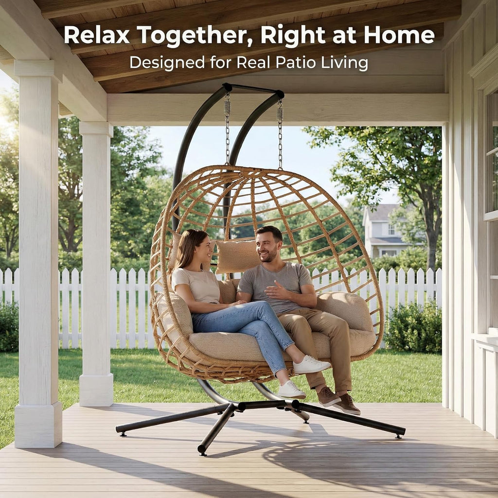 SWITTE Double Hanging Egg Chair with Stand, Outdoor Patio 2 Person Wicker Hammock Swing Chairs with Cushion Loveseat for Indoor Bedroom, Lawn, Garden-Beige