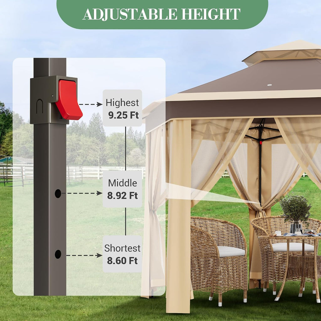 13'x13' Pop Up Gazebo with Mosquito Netting, Canopy Tent with Portable Carry Bag, Outdoor Gazebo for Backyard & Patio Furniture, Double-Layer Outdoor Pergola for Lawn, Garden, Khaki Beige