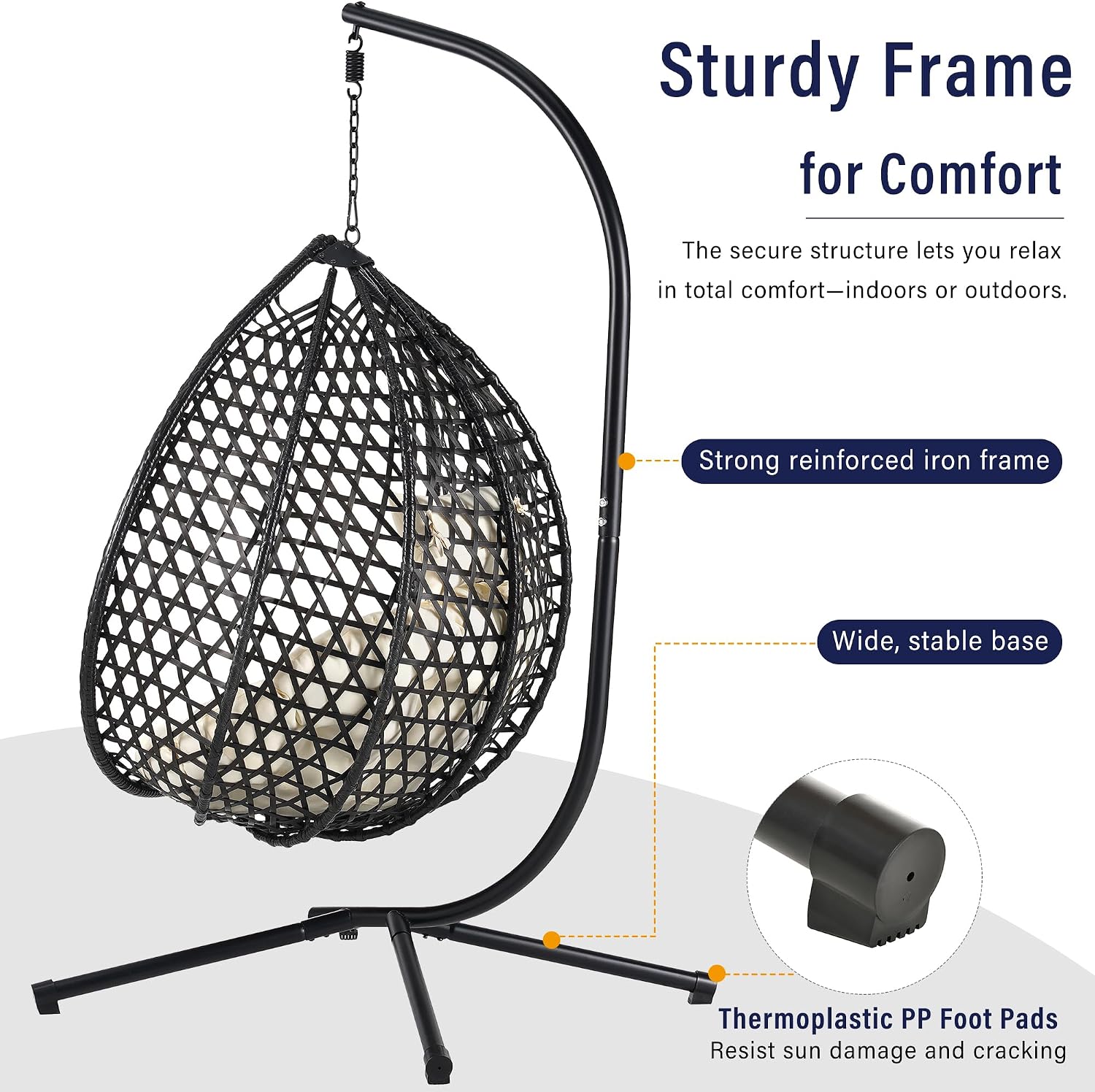 Polibi Hanging Egg Chair with Stand - PE Rattan Indoor Outdoor Swing Chair Heavy Duty 330lbs - Breathable Hollowed Design & Adjustable Headrest - Patio Balcony Garden Lounger,Black+Beige