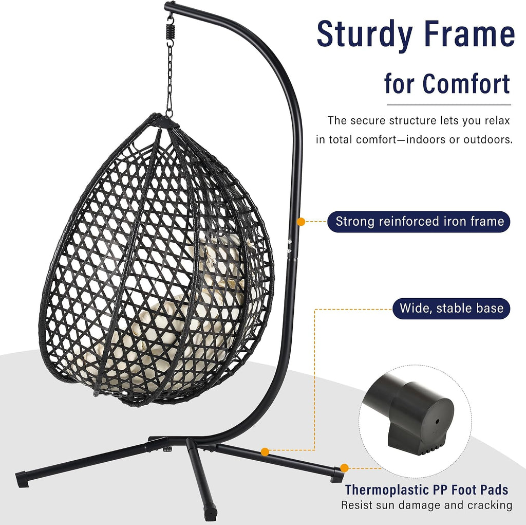 Indoor Outdoor Hammock Chair with Stand, Rattan Egg Hanging Swing Chair with Cushion for Balcony Bedroom Garden (Black+Beige)