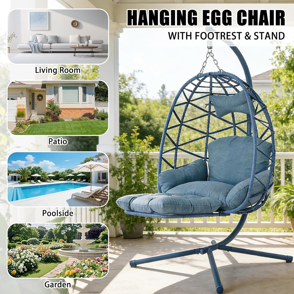 Hanging Egg Chair with Stand & Leg Rest,Rattan Wicker Swing Chair with Cushion,Patio Basket Hanging Chair Wicker Hammock Chair for Indoor Outdoor Bedroom Garden,300LBS (Blue Rattan&Blue Cushion)