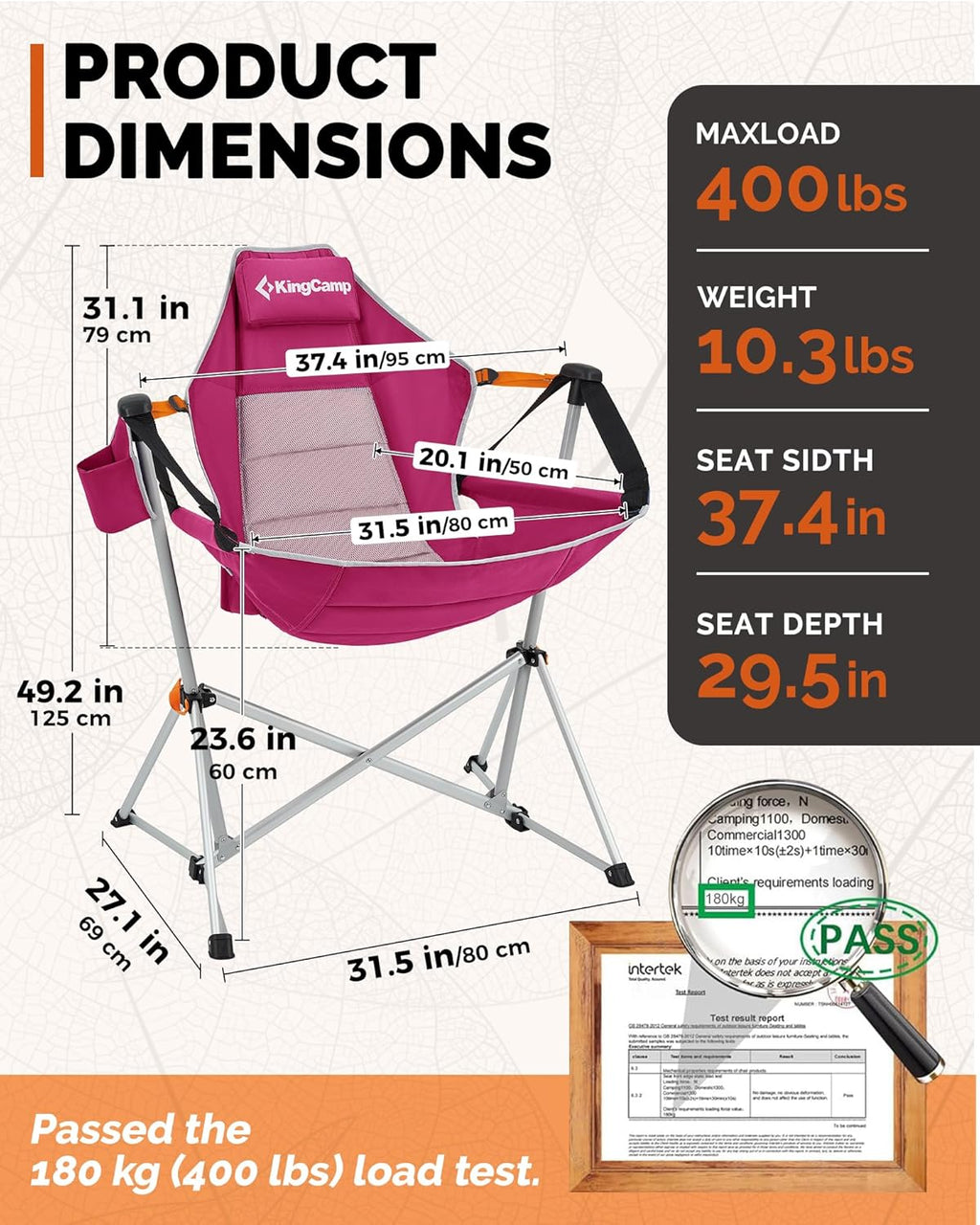 KingCamp Hammock Camping Chair, Swinging Portable Camp Chairs for Adults, 400lbs Heavy Duty Oversized Folding Rocking Chair with Adjustable Recline, Aluminum Alloy Frame for Outdoor Patio Beach Sport
