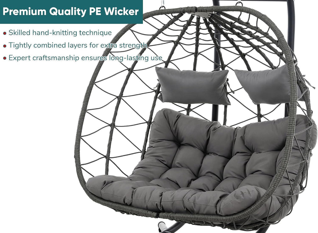 JOYBASE Double Swing Egg Chair with Stand, 2-Person Hanging Egg Chair Wicker Rattan Oversized Swinging Chair for Outdoor Indoor Garden Patio (Grey)
