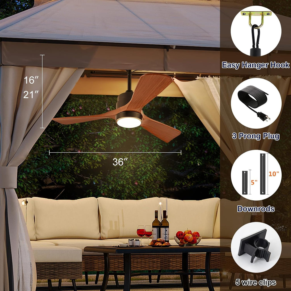 36 Inch Outdoor Ceiling Fan with Light, Gazebo Fan for Patios Waterproof, Plug in Cord Outlet Hook Wet Rated for Outside Porch, Pergola-Walnut