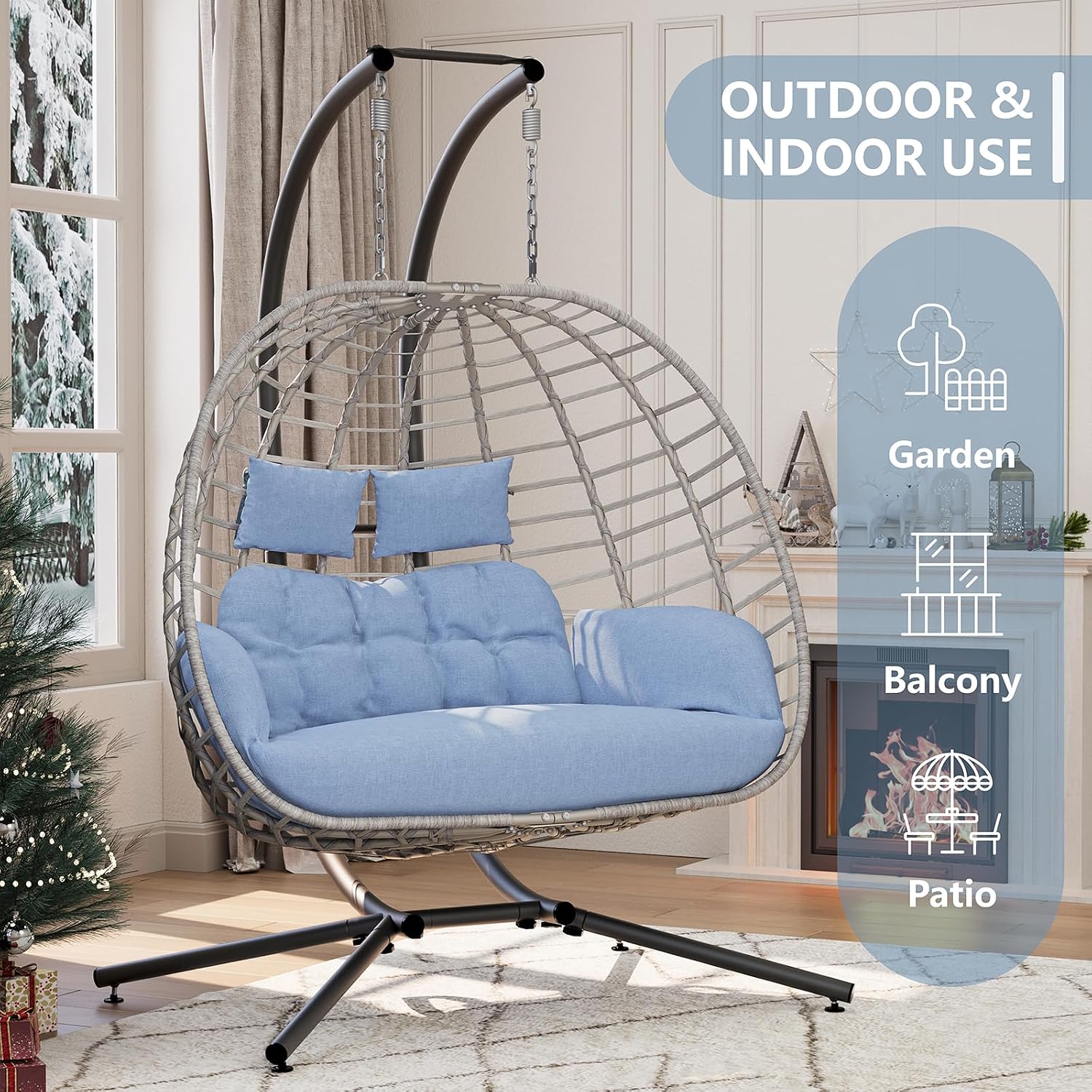 SWITTE Double Egg Swing Chair with Stand, Outdoor Patio 2 Person Hanging Wicker Hammock Chairs with Cushion for Indoor Bedroom, Lawn, Garden-Light Blue