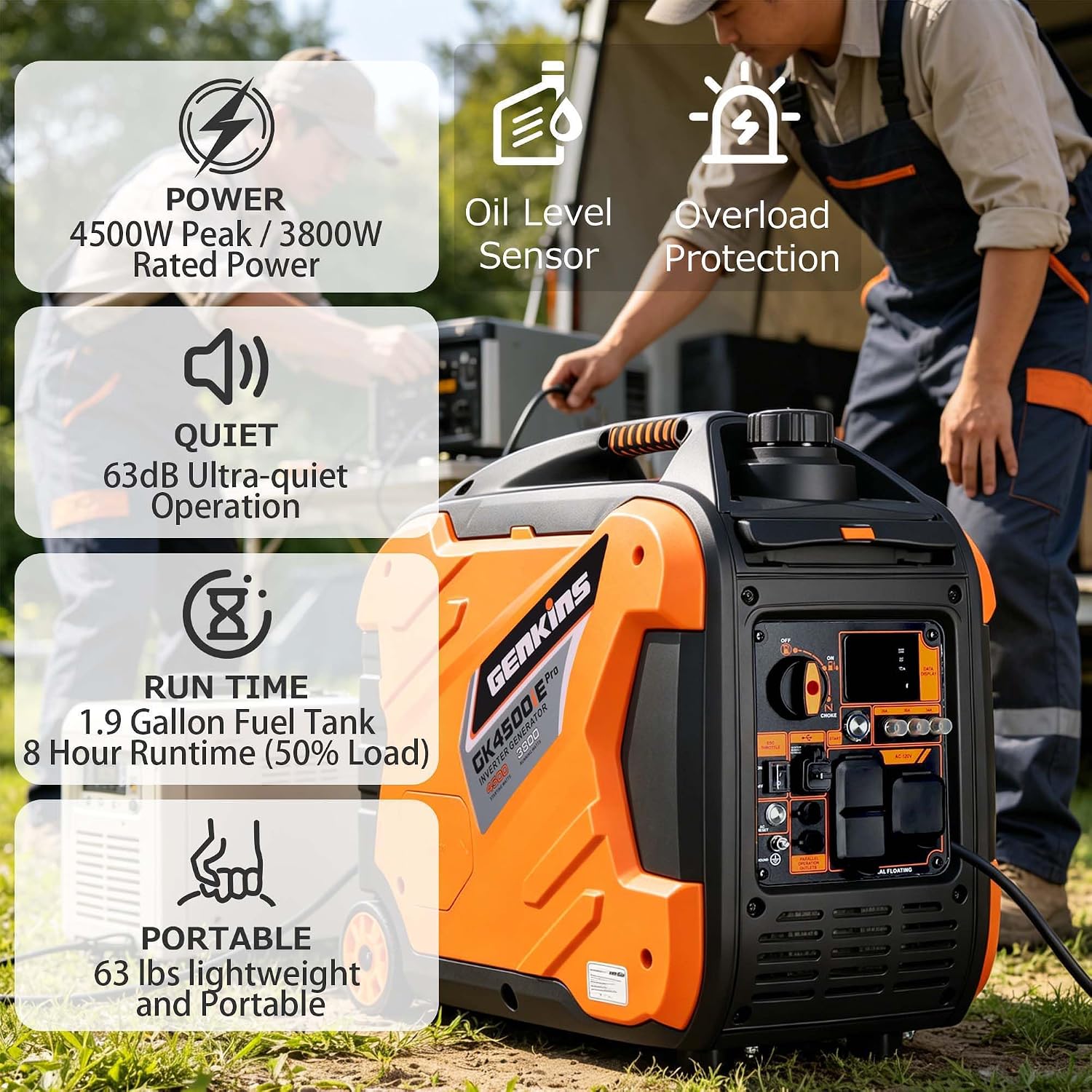 Genkins Portable Inverter Generator 4500W Gas Powered Pure Sine Wave Lightweight Quiet Parallel Capability for Camping RV Home Backup (Electric start)
