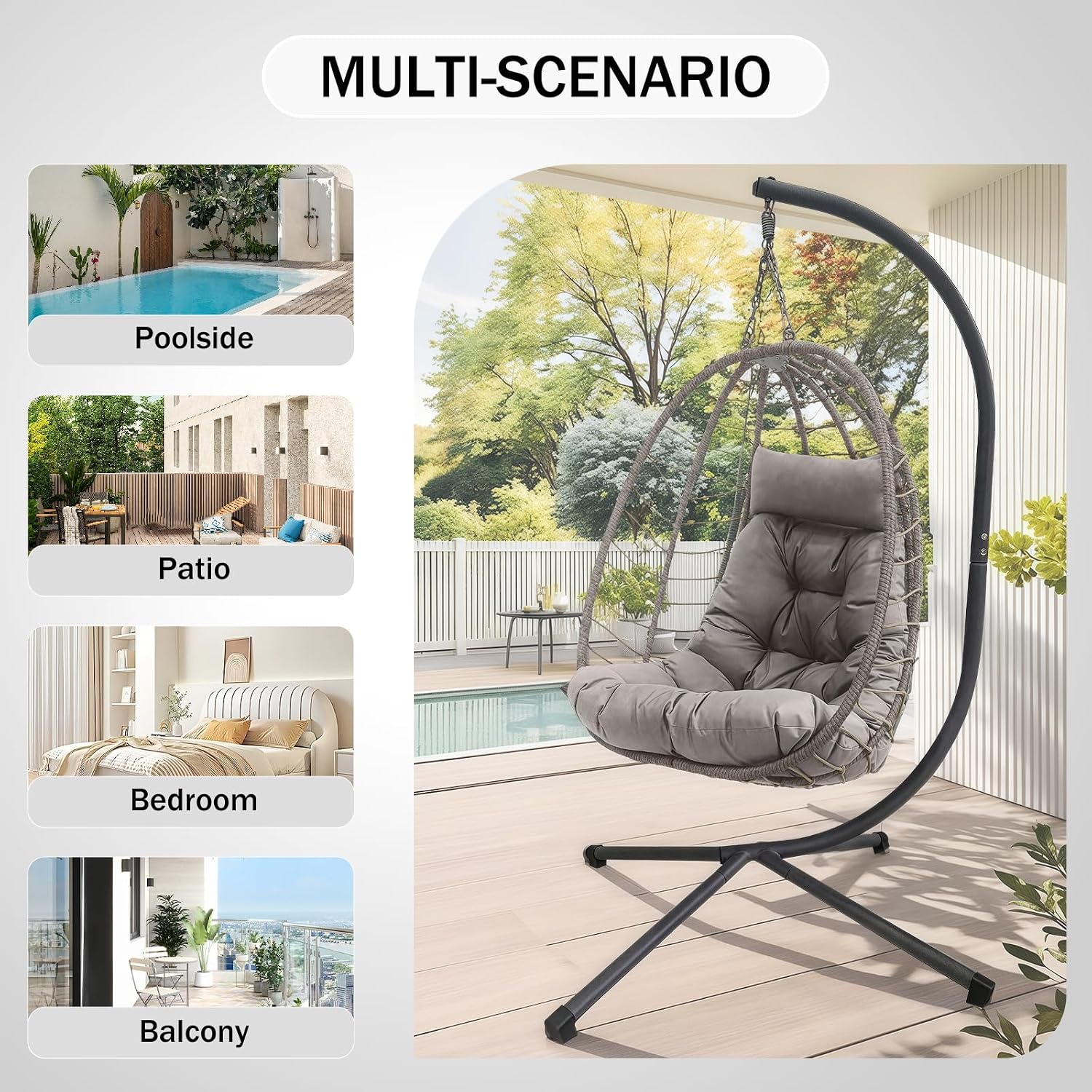 Foldable Egg Chair Outdoor with Stand, Indoor Wicker Hanging Egg Swing Chair with Cushion, 350lbs Capacity for Patio, Bedroom, Garden - Light Gray